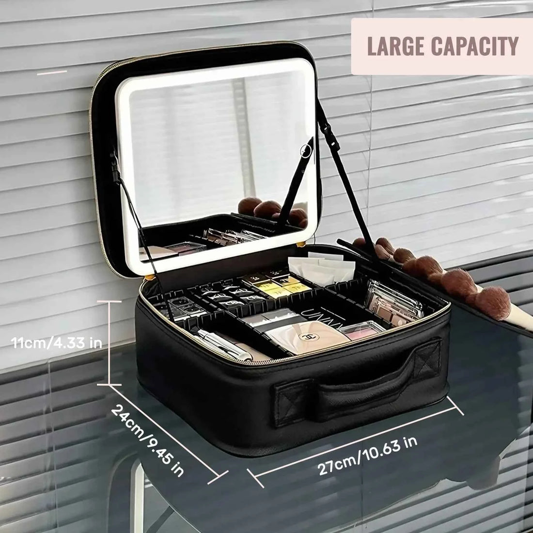 Travel Makeup Bag With LED Lighted Mirror, Makeup Train Case With Adjustable Dividers For Home,Gift,Vacation
