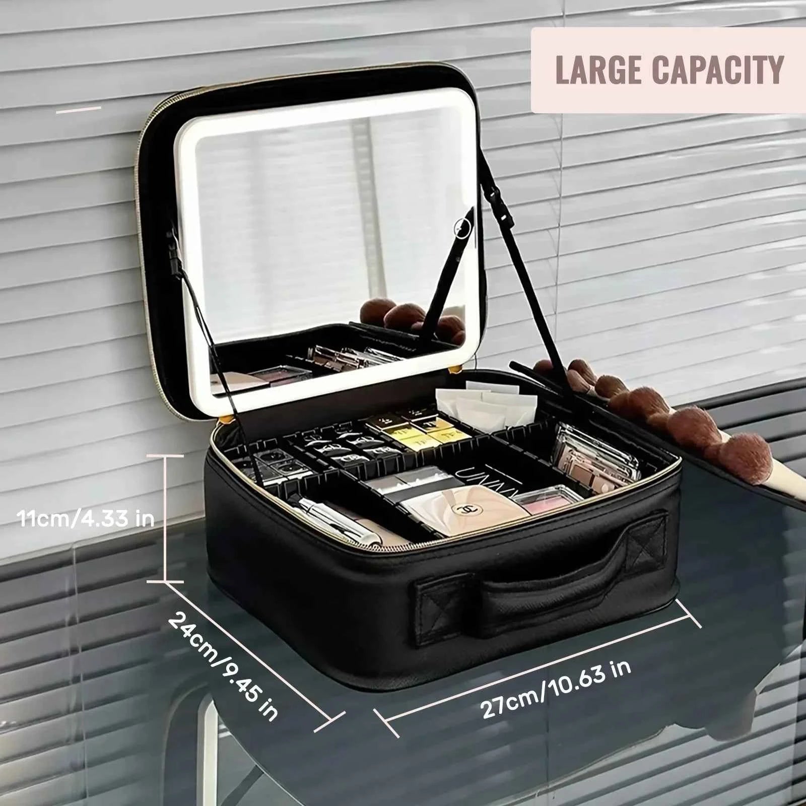 Travel Makeup Bag With LED Lighted Mirror, Makeup Train Case With Adjustable Dividers For Home,Gift,Vacation