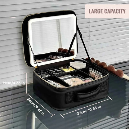 Travel Makeup Bag With LED Lighted Mirror, Makeup Train Case With Adjustable Dividers For Home,Gift,Vacation
