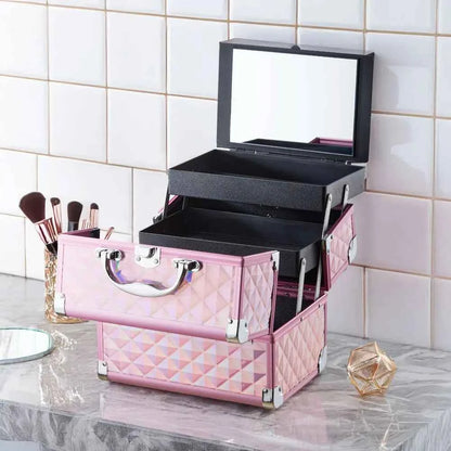 Modishion Professional Makeup Case Portable Makeup Case 2 Trays with Mirror Makeup Tool Storage Box Travel Makeup Case
