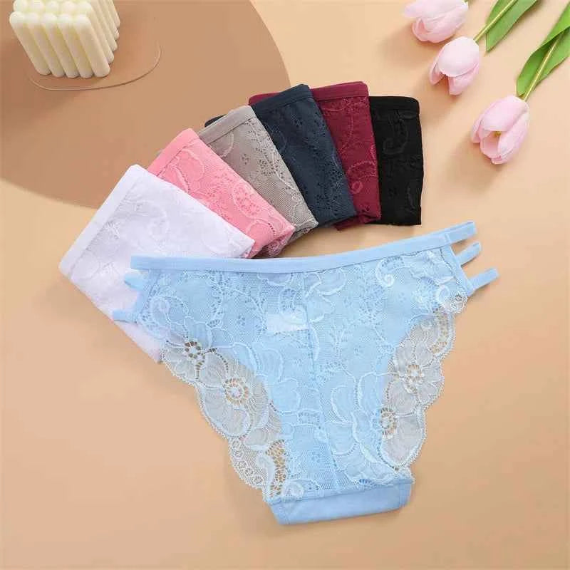 3PC/Set Women Sexy Lace Panties Low Rise Hollow Out Briefs Floral Transparent Underwear for Feamale Elastic Straps Soft Lingerie