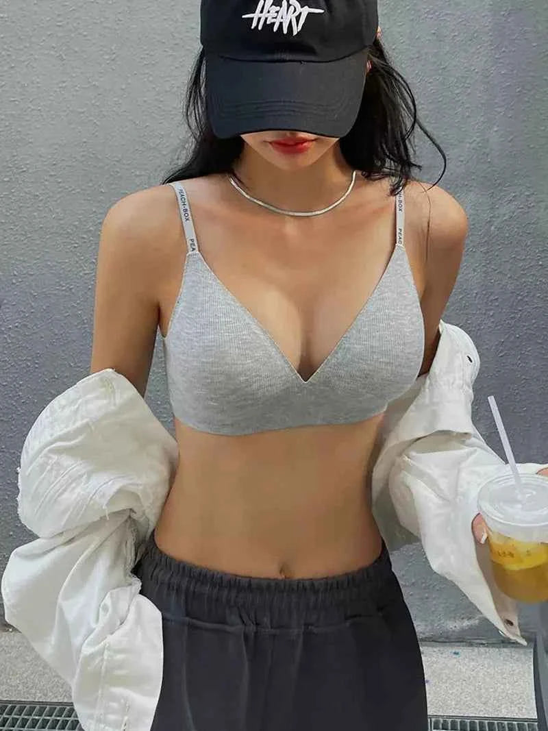 FINETOO Women Wireless Bra Deep V Padded Bralette S-XL Trendy Stripe Knitting Bras Sexy Ladies Brassiere Solid Underwear 6 Color