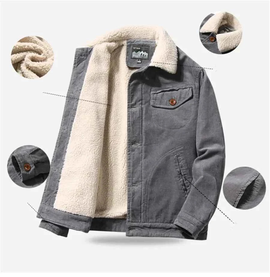 Men’s Corduroy Fleece-Lined Winter Jacket – Warm Casual Coat, Retro Korean Style in Grey, Green, Coffee &amp; Tan