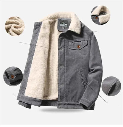 Men’s Corduroy Fleece-Lined Winter Jacket – Warm Casual Coat, Retro Korean Style in Grey, Green, Coffee &amp; Tan