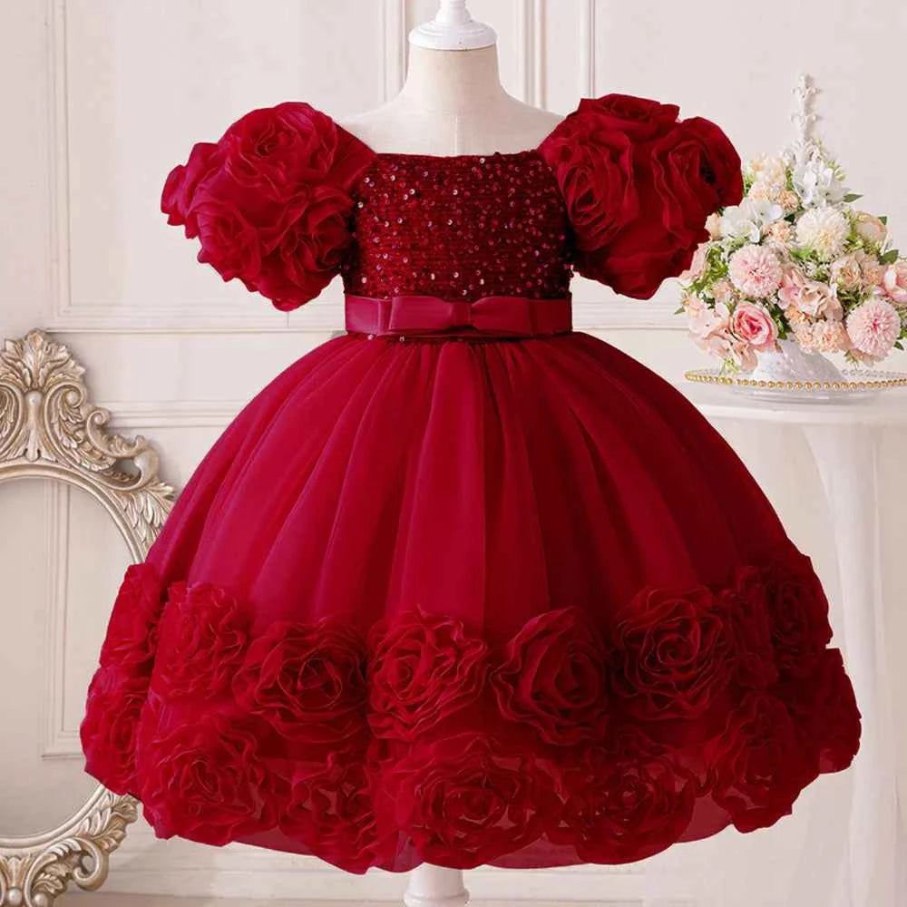 Girls 3D Flower Party Princess Dress for Baby Christmas Gown 1-10 Yrs Birthday Bow Tulle Bridemaid Dresses Wedding Kids Clothing