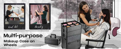 Professional Makeup Train Case on Wheels, Extra Large Cosmetic Case  Rolling Makeup Case Trolley Makeup Organizer with Wheels