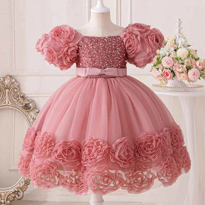 Girls 3D Flower Party Princess Dress for Baby Christmas Gown 1-10 Yrs Birthday Bow Tulle Bridemaid Dresses Wedding Kids Clothing