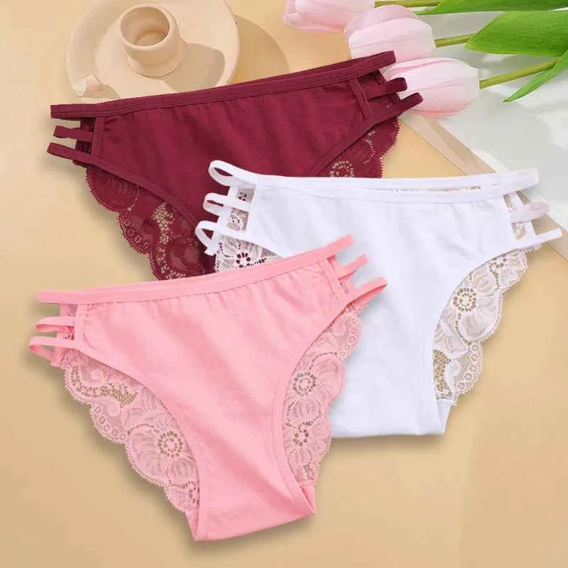 3PC/Set Women Sexy Lace Panties Low Rise Hollow Out Briefs Floral Transparent Underwear for Feamale Elastic Straps Soft Lingerie