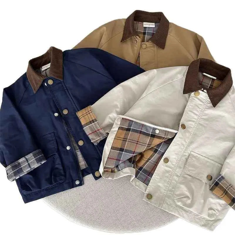 Boys Plaid Lined Jacket, Spring Autumn Cotton Coat