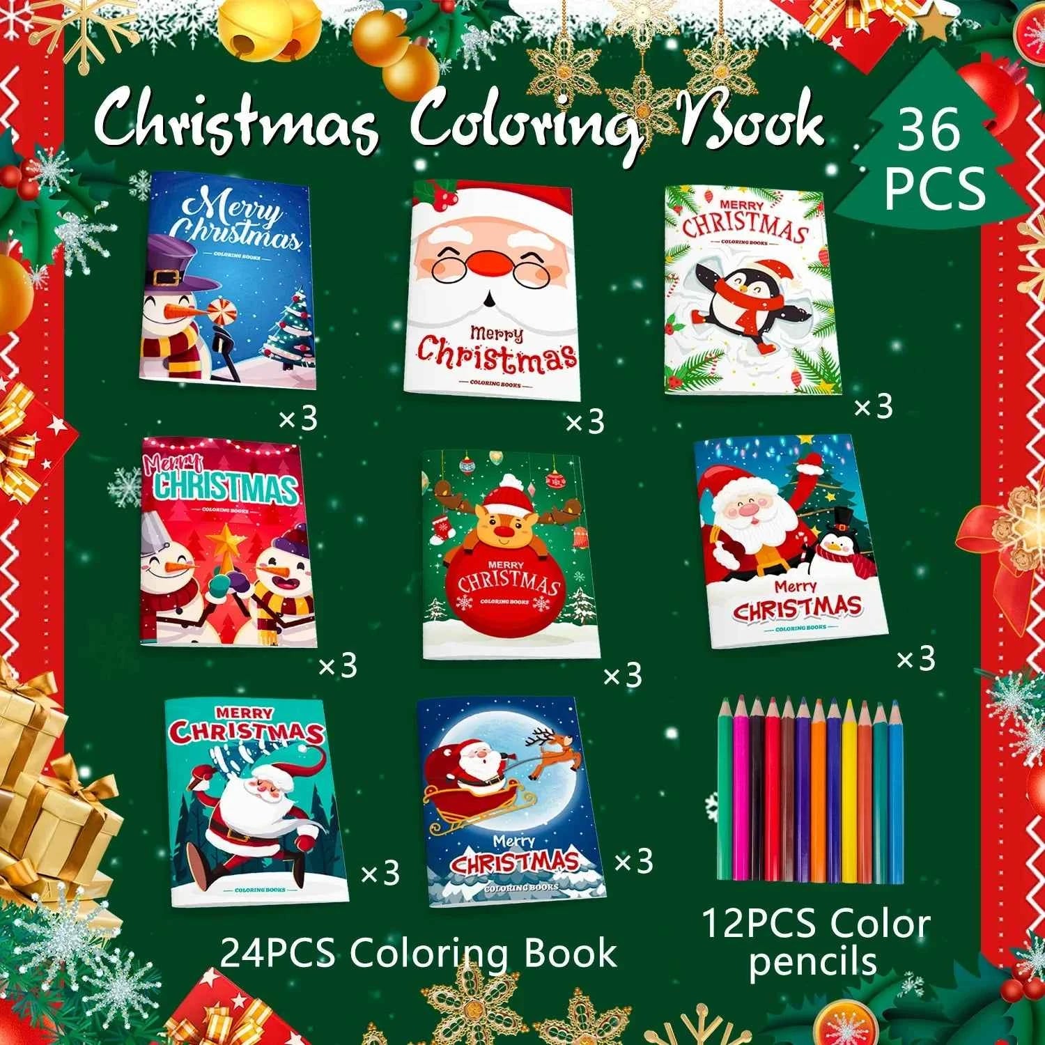 Christmas Coloring Book,24pcs Christmas Coloring Books Bulk/Xmas Activity Books Bulk &amp; 12 Christmas Party Color Pencils for Kids