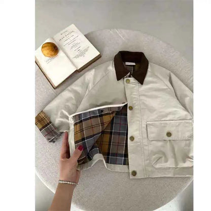 Boys Plaid Lined Jacket, Spring Autumn Cotton Coat