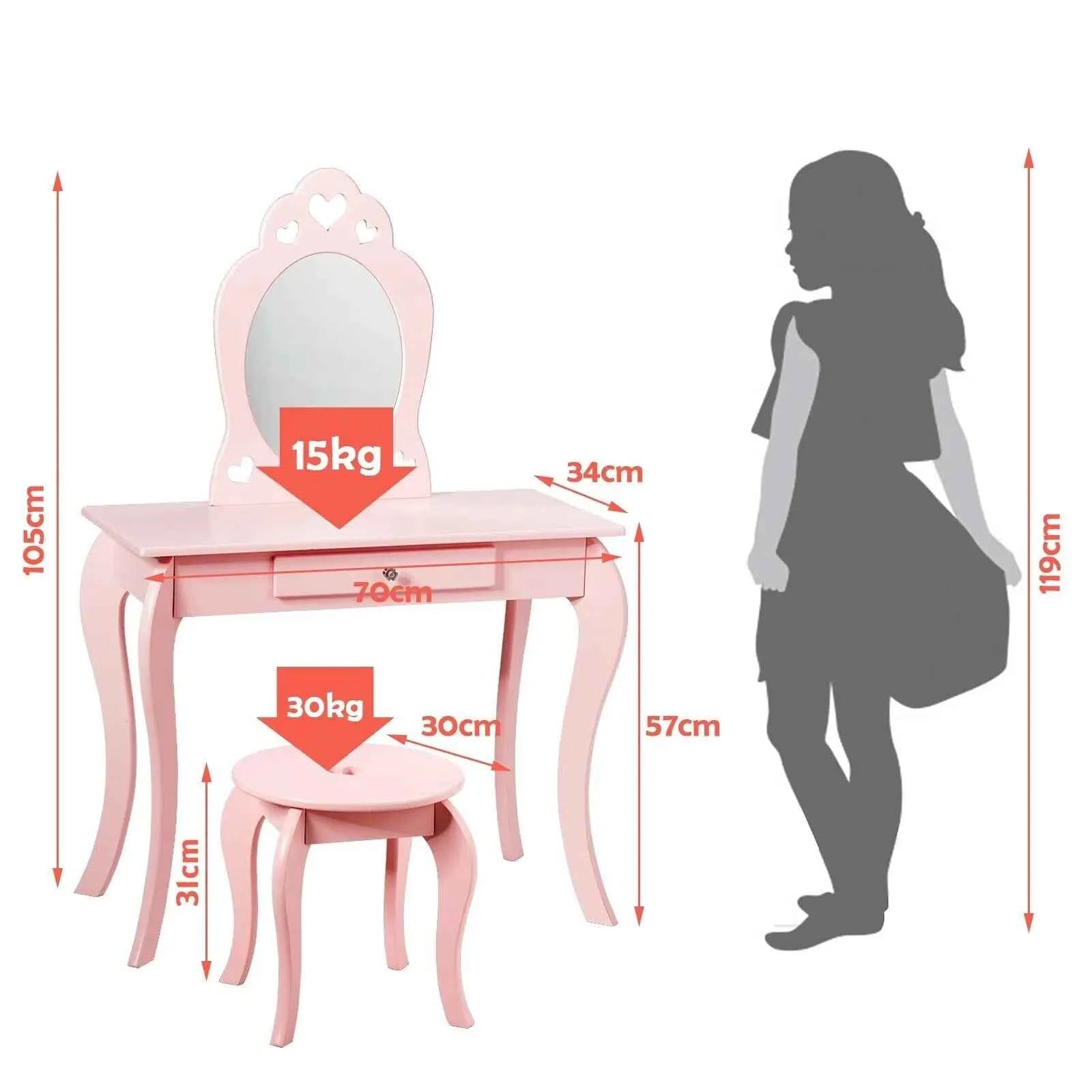 GOFLAME Kids Vanity Set, Princess Pretend Beauty Makeup Table &amp; Stool Set w/ Mirror &amp; Drawer