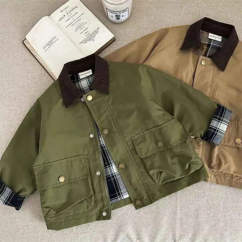 Boys Plaid Lined Jacket, Spring Autumn Cotton Coat