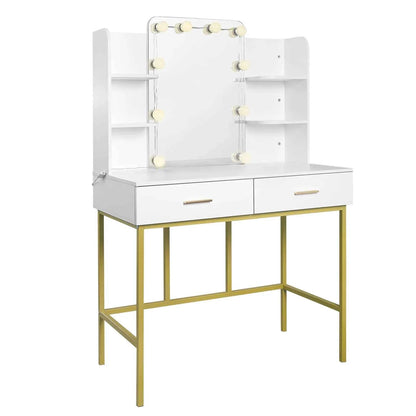 White Gold Vanity Desk with Mirror LED Lighting 2 Drawers Modern Dresser Dressing Table Makeup Table for Bedroom Household Home