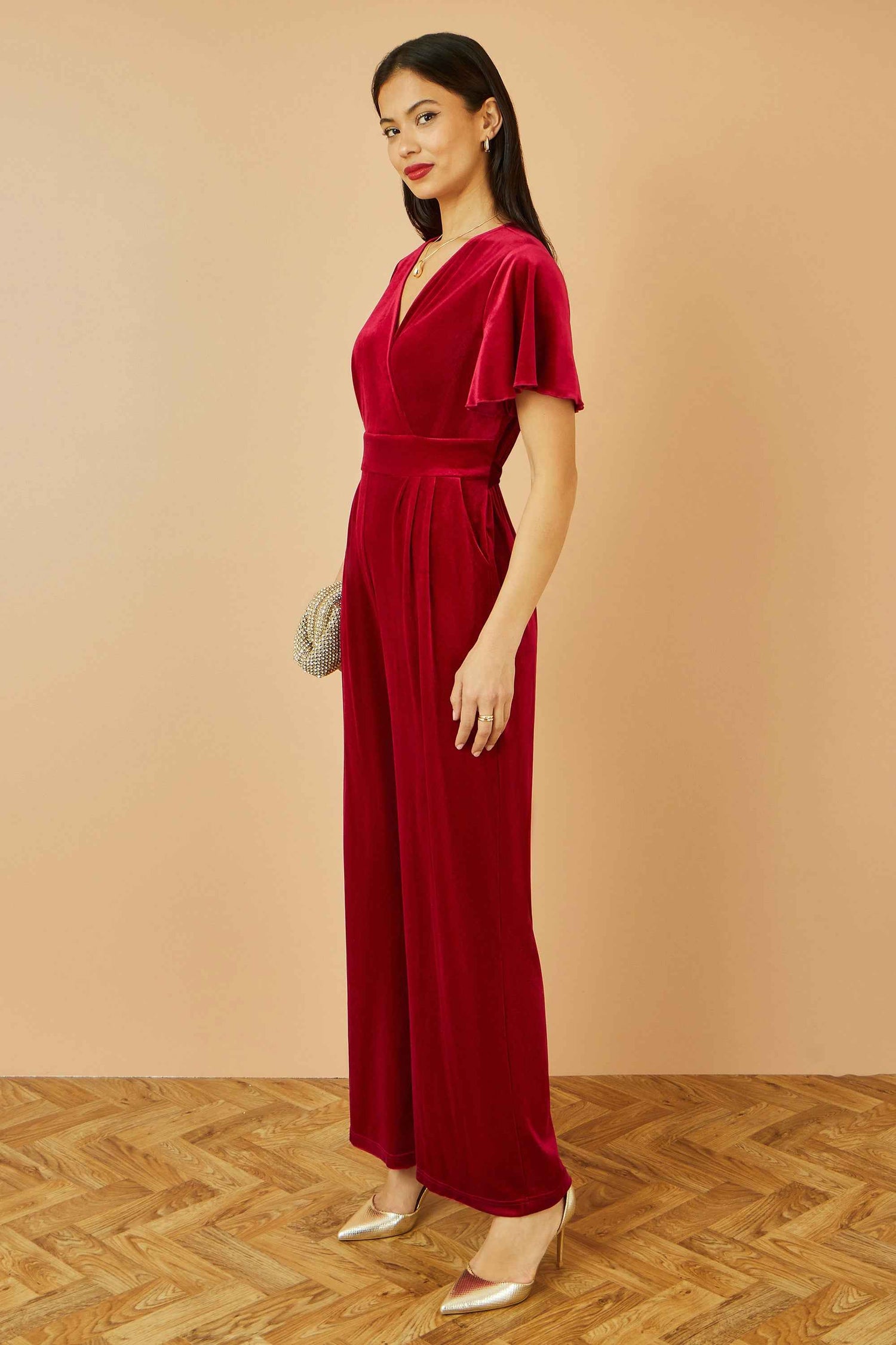 Yumi Red Jumpsuit With Angel Sleeves