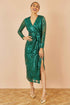 Yumi Green Sequin Midi Wrap Dress With Split Hemline And Long Sleeves