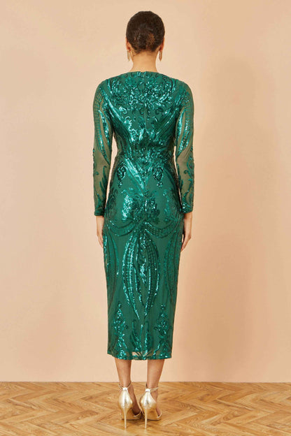 Yumi Green Sequin Midi Wrap Dress With Split Hemline And Long Sleeves