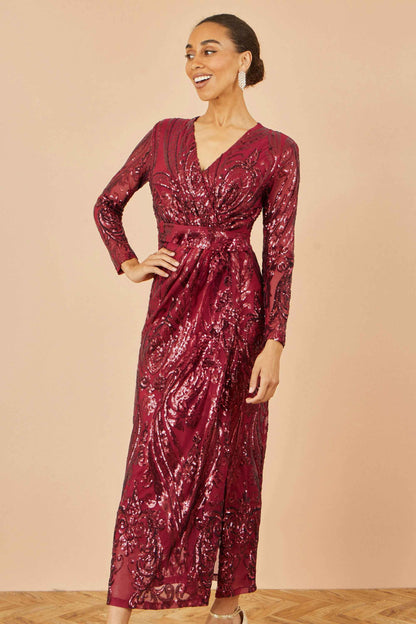 Yumi Red Sequin Midi Wrap Dress With Split Hemline And Long Sleeves