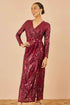 Yumi Red Sequin Midi Wrap Dress With Split Hemline And Long Sleeves