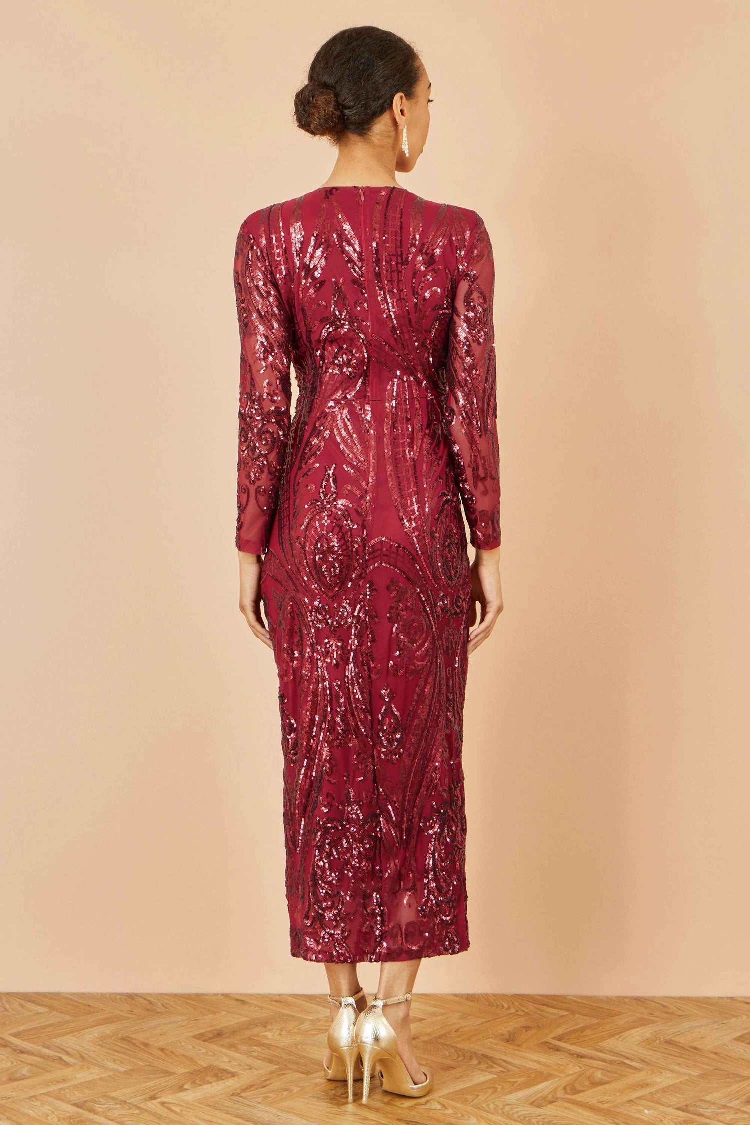Yumi Red Sequin Midi Wrap Dress With Split Hemline And Long Sleeves