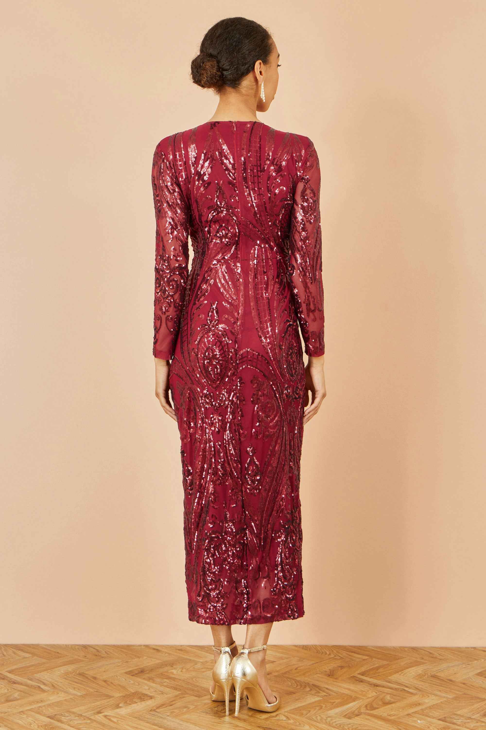 Yumi Red Sequin Midi Wrap Dress With Split Hemline And Long Sleeves