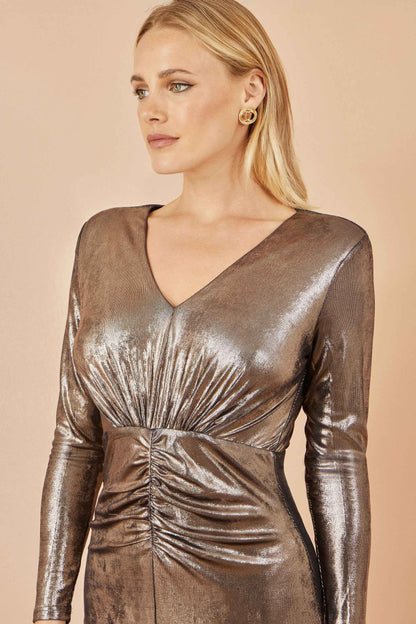 Yumi Gold Metallic Stretch Ruched Maxi Dress With Long Sleeves And Split Hemline