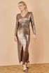 Yumi Gold Metallic Stretch Ruched Maxi Dress With Long Sleeves And Split Hemline