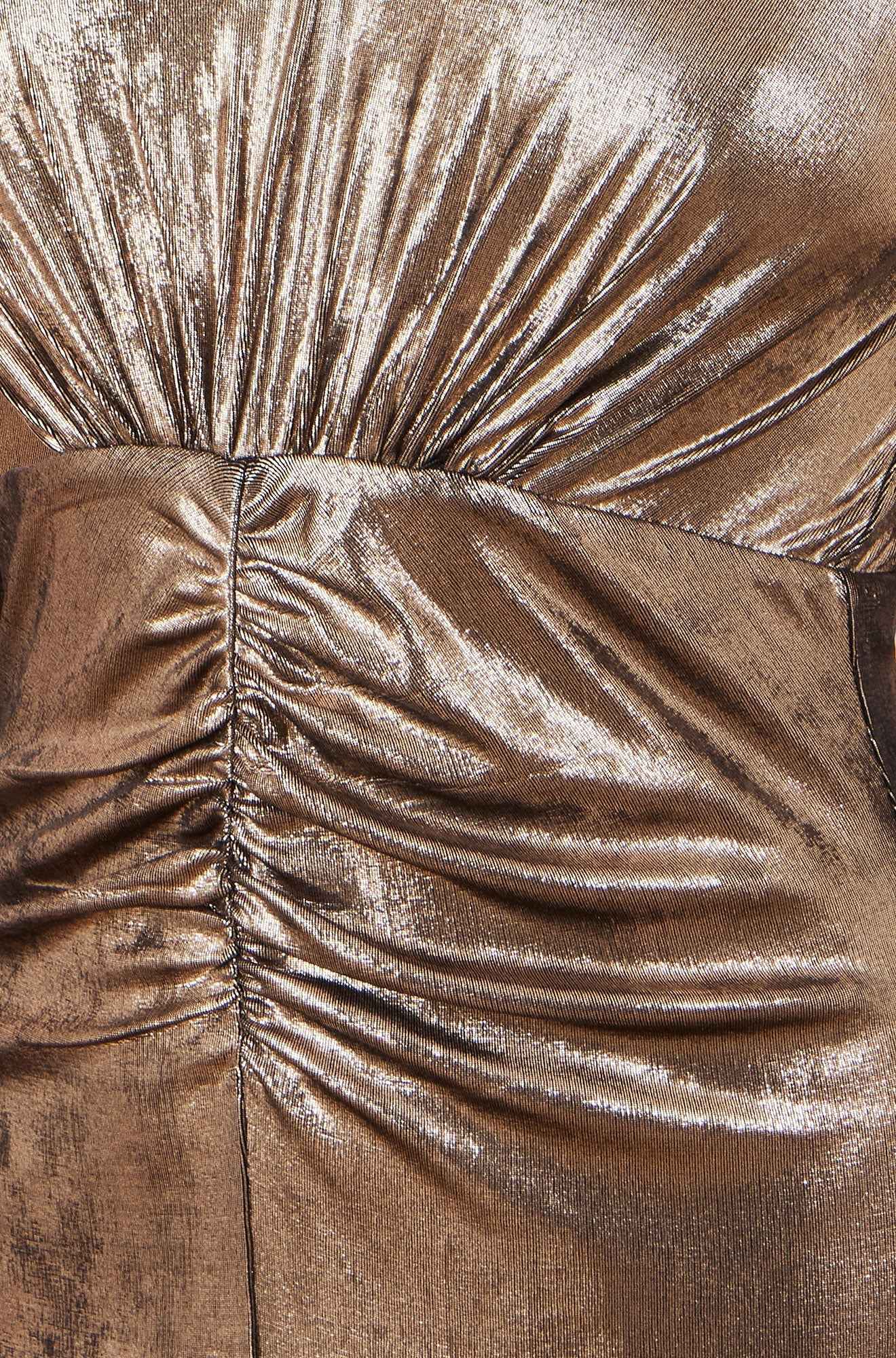 Yumi Gold Metallic Stretch Ruched Maxi Dress With Long Sleeves And Split Hemline