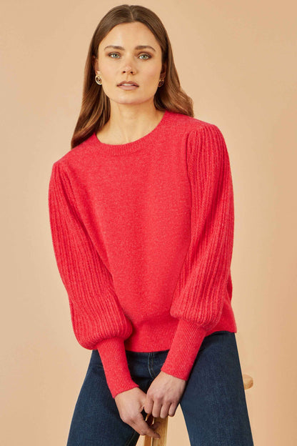 Yumi Red Knitted Balloon Sleeve Textured Jumper