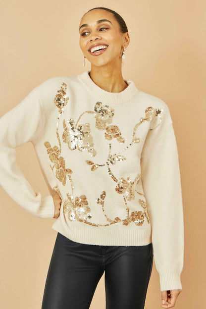 Yumi Cream Relaxed Knitted Jumper With Sequin Detail