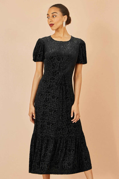 Yumi Black Floral Velour Velvet Twist Waist Midi Dress