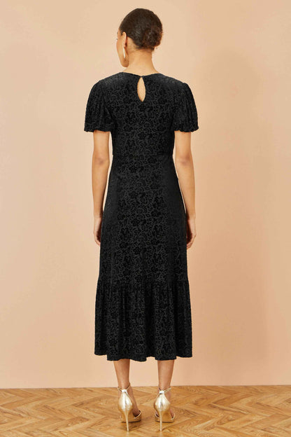 Yumi Black Floral Velour Velvet Twist Waist Midi Dress