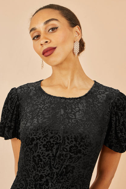 Yumi Black Floral Velour Velvet Twist Waist Midi Dress