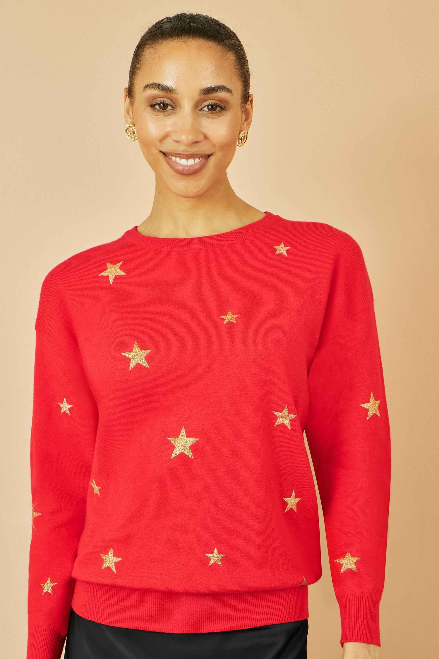 Yumi Red Gold Foil Star Print Relaxed Fit Jumper