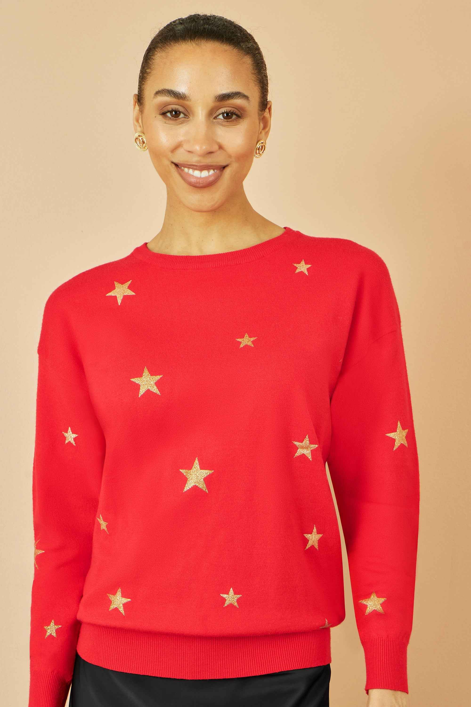 Yumi Red Gold Foil Star Print Relaxed Fit Jumper