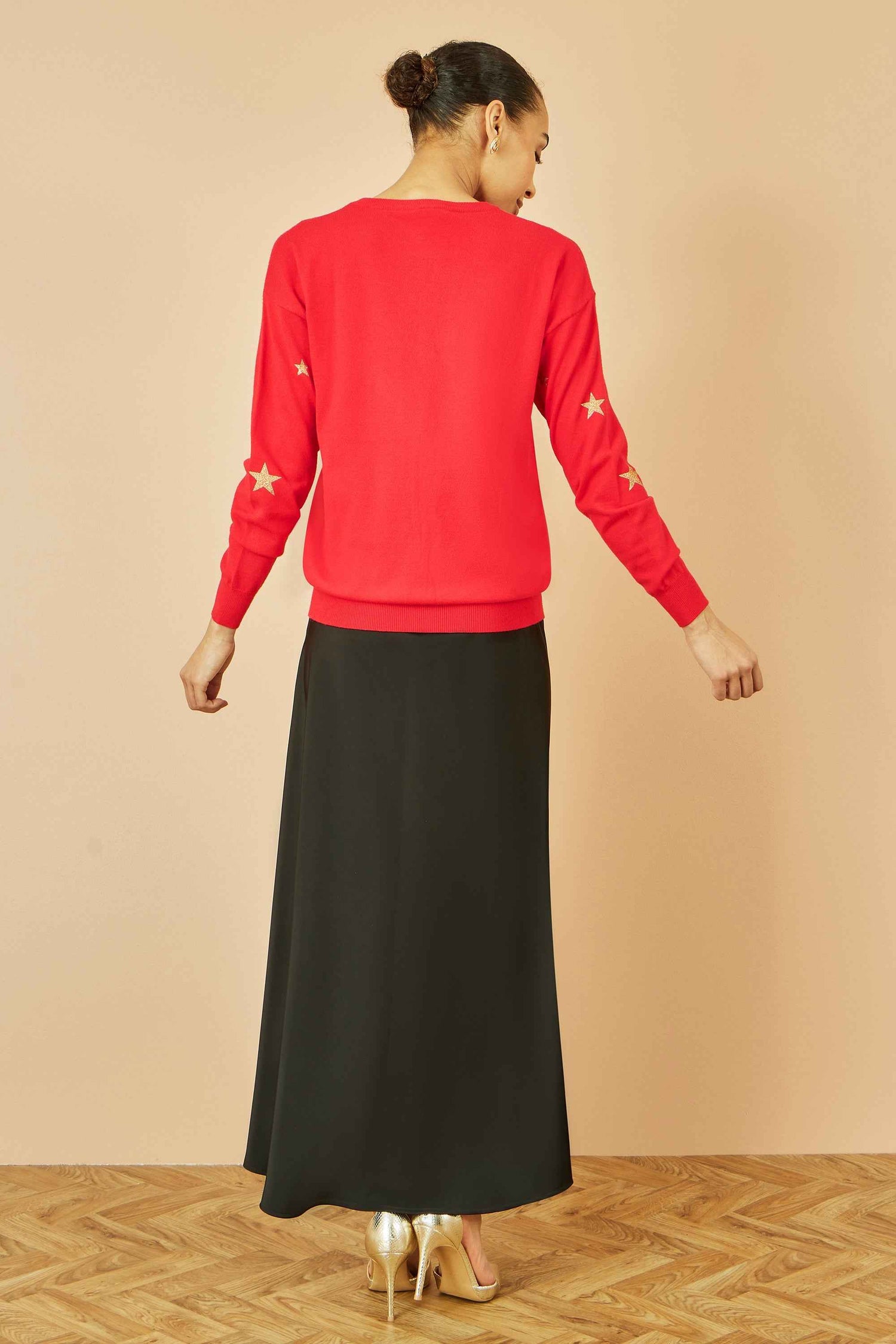 Yumi Red Gold Foil Star Print Relaxed Fit Jumper