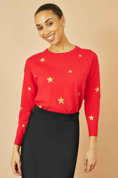 Yumi Red Gold Foil Star Print Relaxed Fit Jumper
