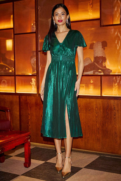 Yumi Green Metallic Ruched Midi Dress