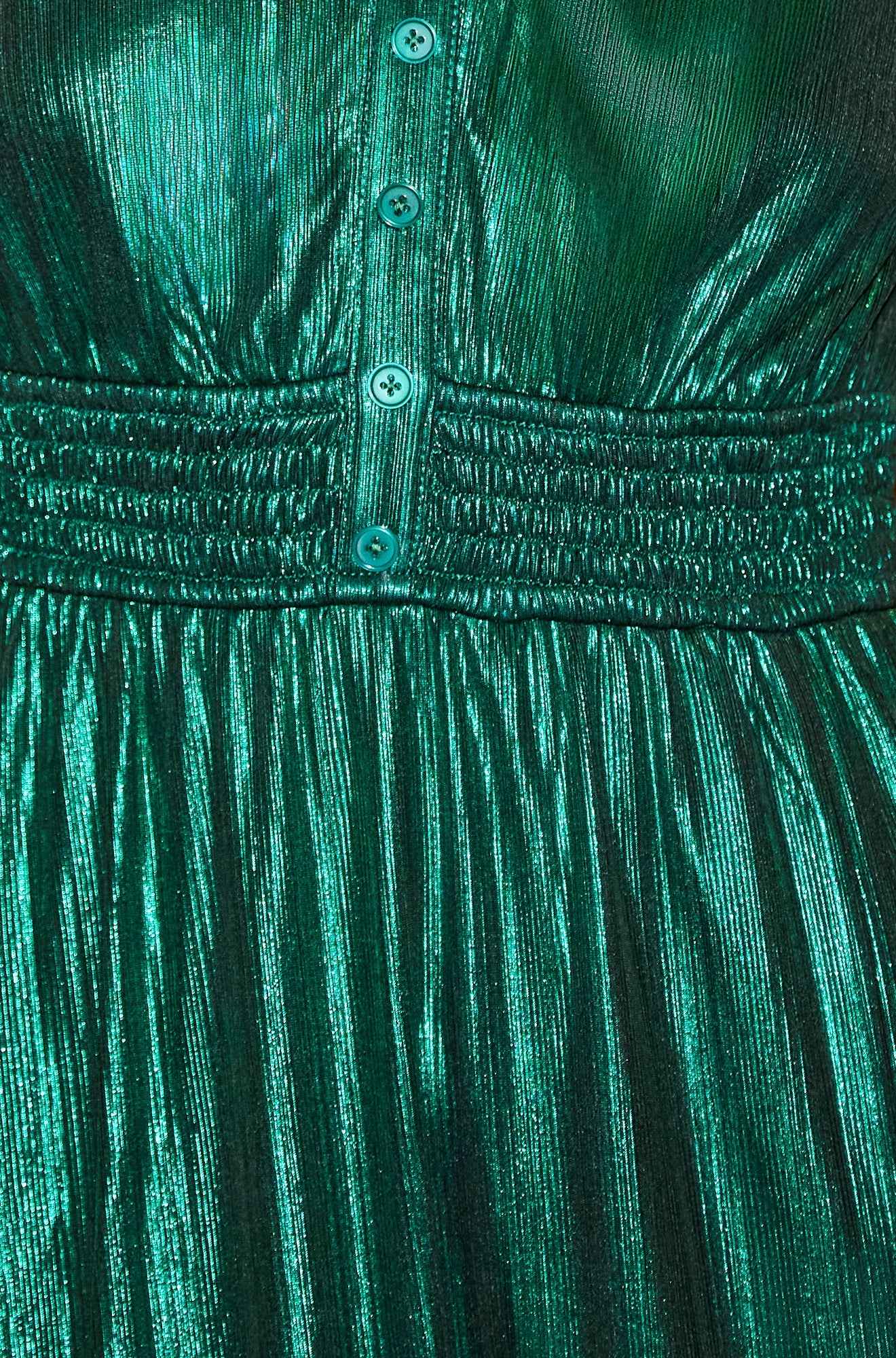 Yumi Green Metallic Ruched Midi Dress
