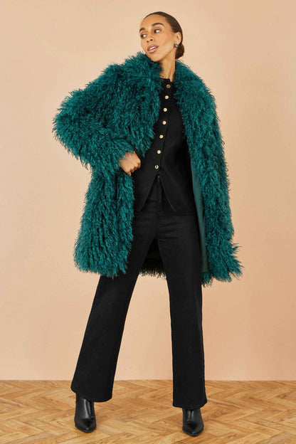 Yumi Teal Luxe Long Hair Fur Coat