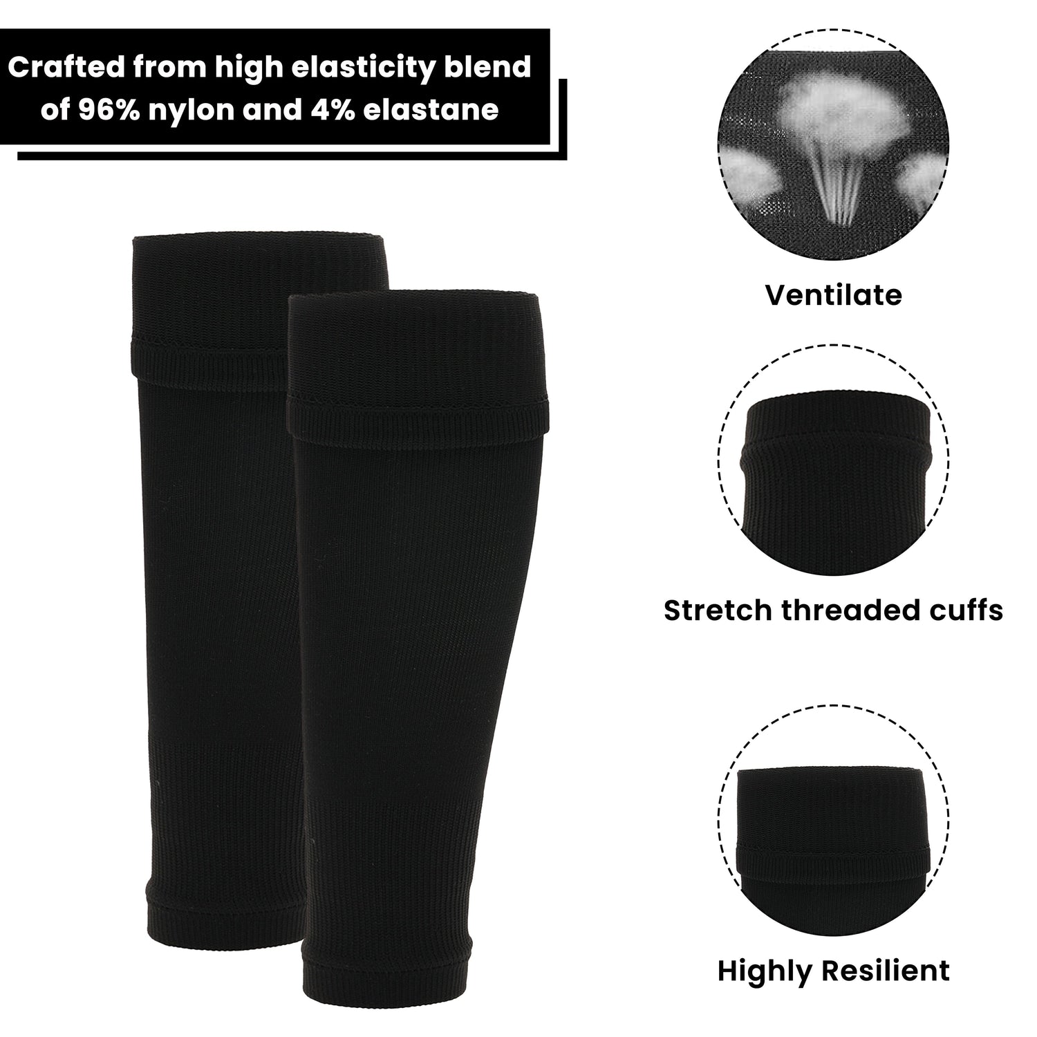 Adults Black Football Leg Sleeve Socks Compression Support Fits Over Shin Pads Breathable &amp; Secure for Training Running by Sock Stack