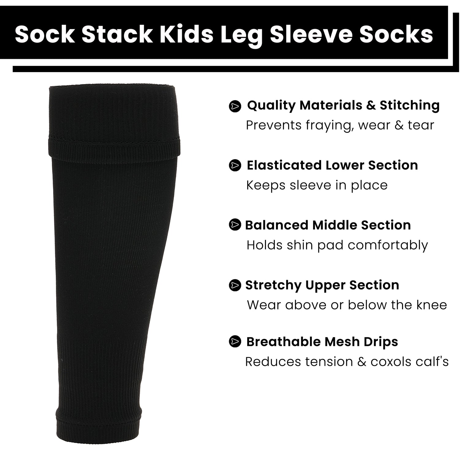 Adults Black Football Leg Sleeve Socks Compression Support Fits Over Shin Pads Breathable &amp; Secure for Training Running by Sock Stack