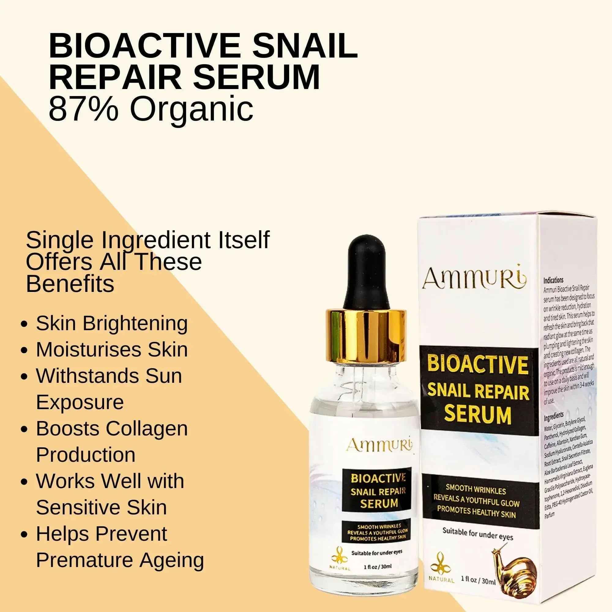 Ammuri Bioactive Snail Repair Serum | Anti-Aging Hydration with 87% Organic Ingredients – 30ml