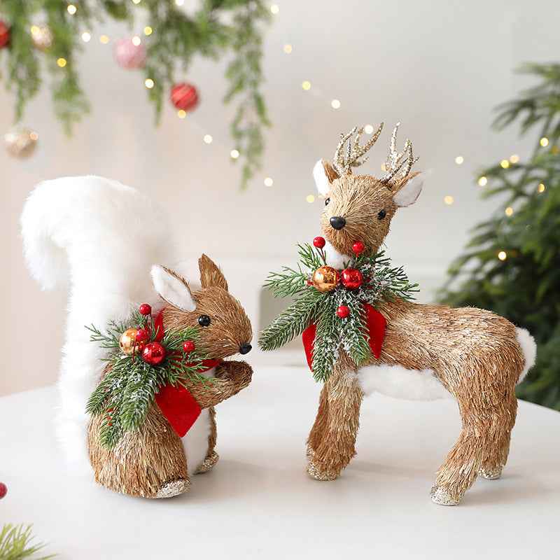Straw Christmas Elk Squirrel Ornaments Christmas Scene Layout
