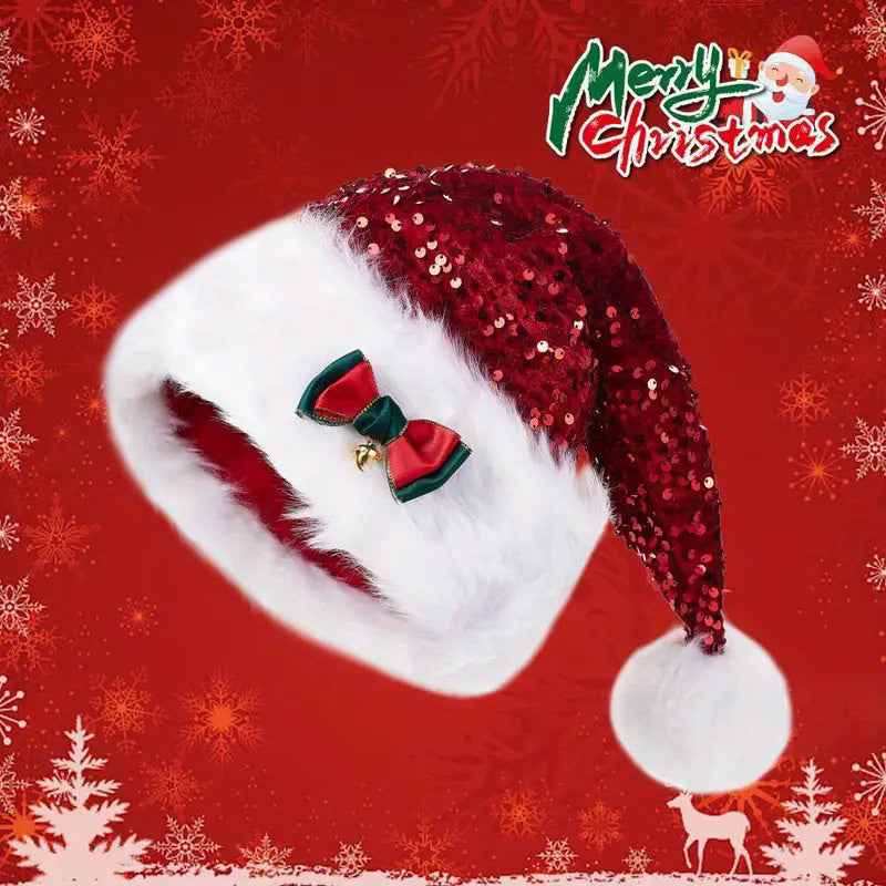 Christmas Hat Red Paillette Bowknot Plush Decorative Hat