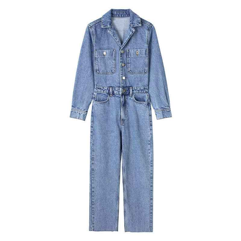 Girls’ Waist-tight Straight-leg Denim Jumpsuit