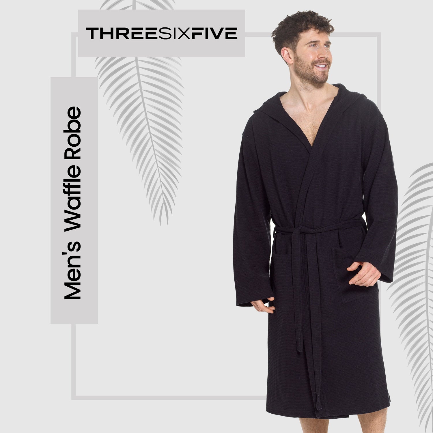 Men’s Hooded Waffle Cotton Bathrobe Black Super Absorbent Spa Robe Luxury Dressing Gown for Home &amp; Loungewear by Sock Stack