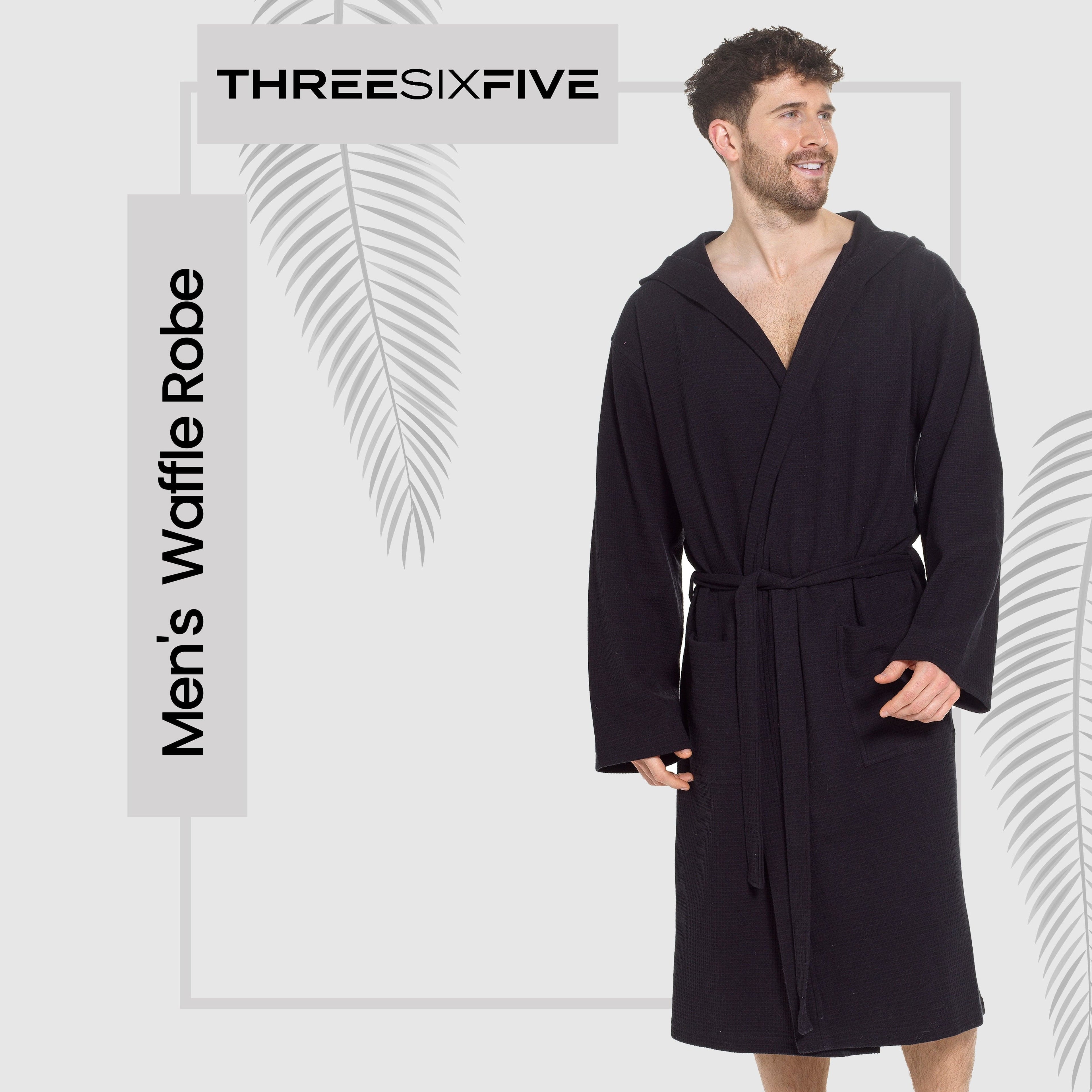 Men’s Hooded Waffle Cotton Bathrobe Black Super Absorbent Spa Robe Luxury Dressing Gown for Home &amp; Loungewear by Sock Stack