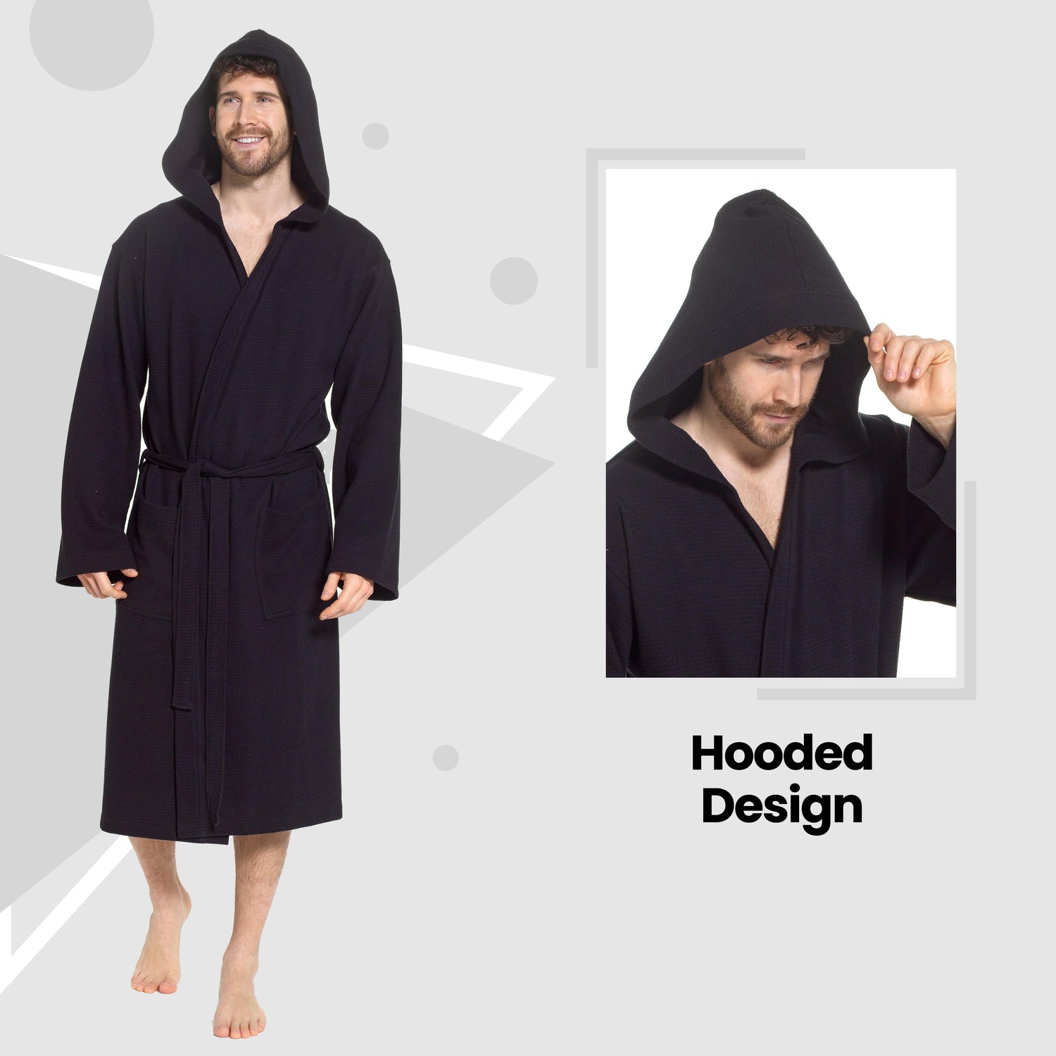 Men’s Hooded Waffle Cotton Bathrobe Black Super Absorbent Spa Robe Luxury Dressing Gown for Home &amp; Loungewear by Sock Stack