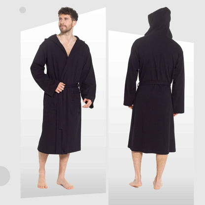Men’s Hooded Waffle Cotton Bathrobe Black Super Absorbent Spa Robe Luxury Dressing Gown for Home &amp; Loungewear by Sock Stack